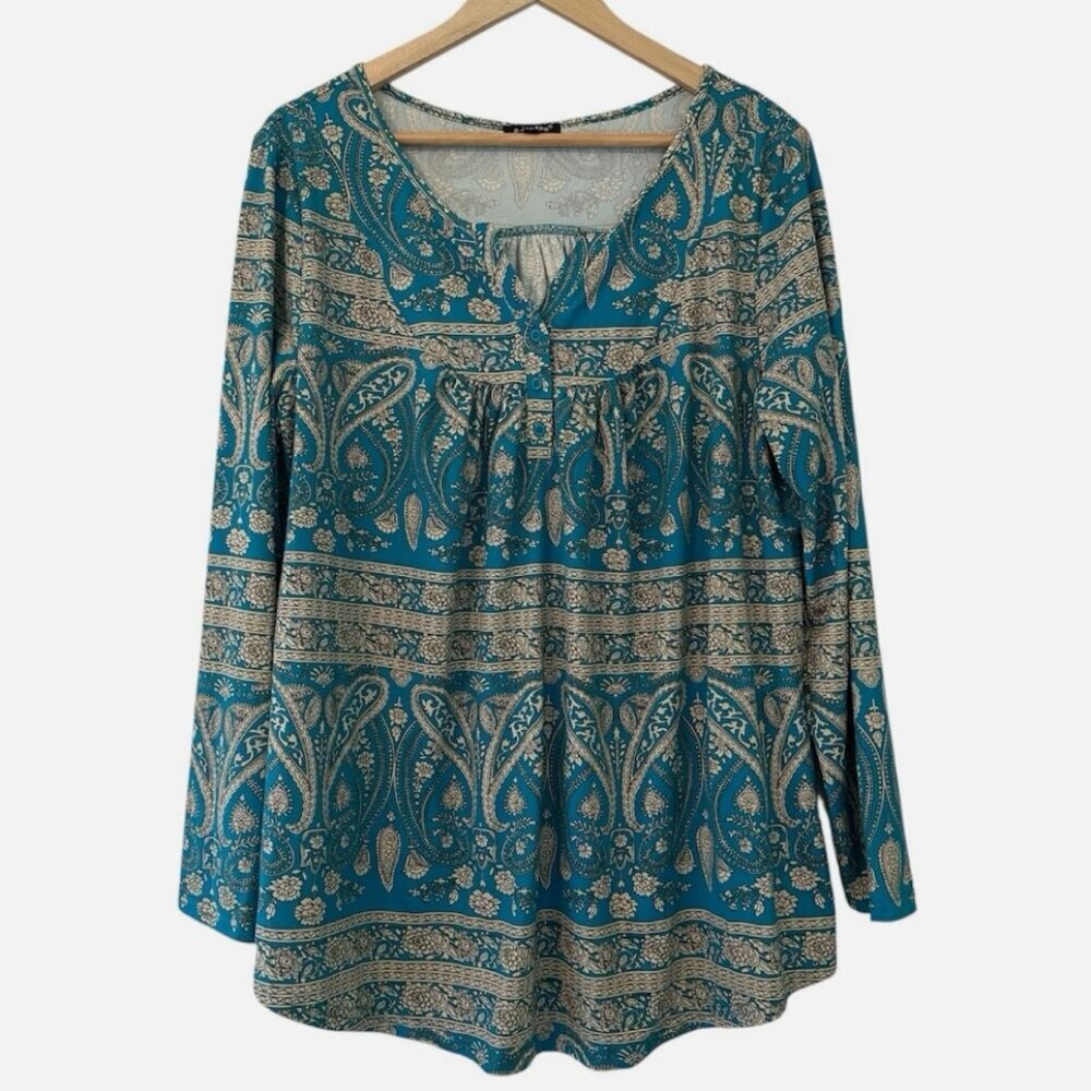 3/$18✨ Women's 2X Teal Blue & Beige Stretch PLUS 3/4 Sleeve Casual Blouse